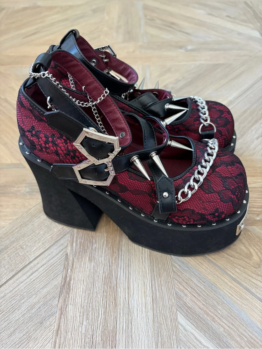 Transfer Student Spiked Platform Shoes Red Lace Metallic Whismigoth Punk Size 38